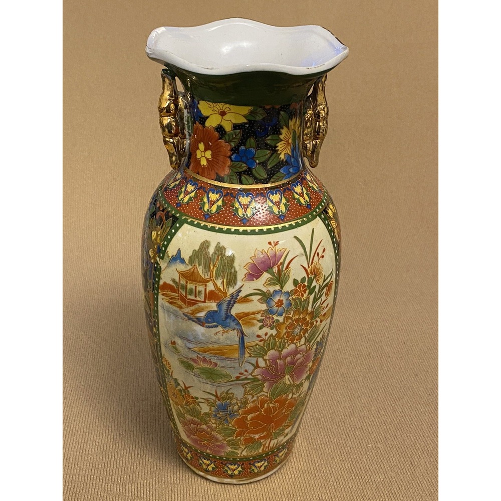 VNTG Chinese Moriage Gilt Vase 10"H Bird/Peonies Flowers Satsuma Style Colorful